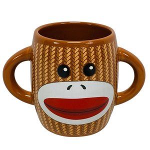 Double Handle Sock Monkey Galerie Cup Hot Cocoa Coffee Mug Brown 16oz